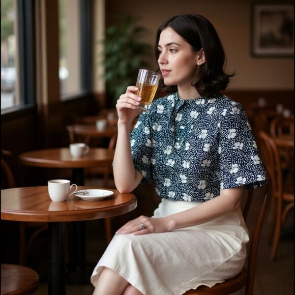 Cabi Blue Floral V-Neck Blouse Short Sleeves Dotted Print Lightweight Top Size L - Picture 1 of 11